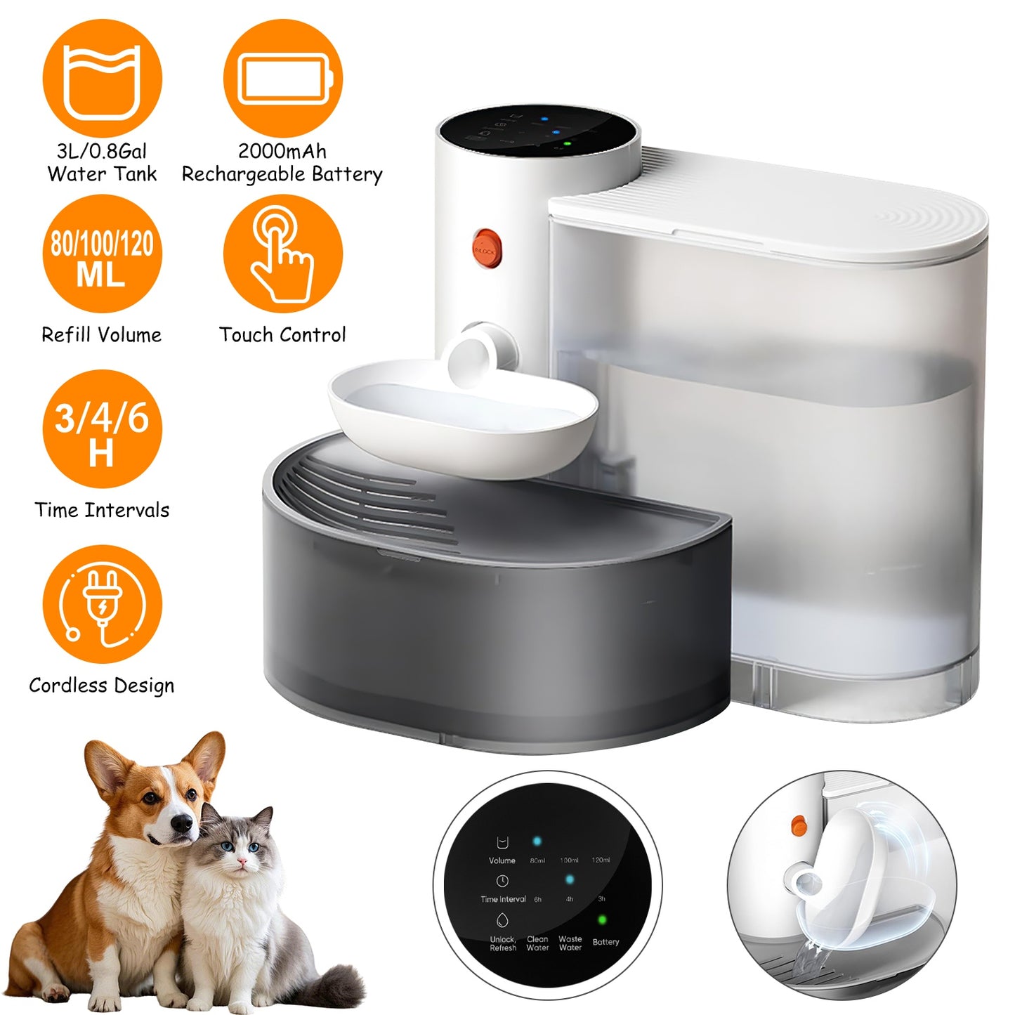 FurWell automatic cordless cat water fountain, white 3L self-refilling