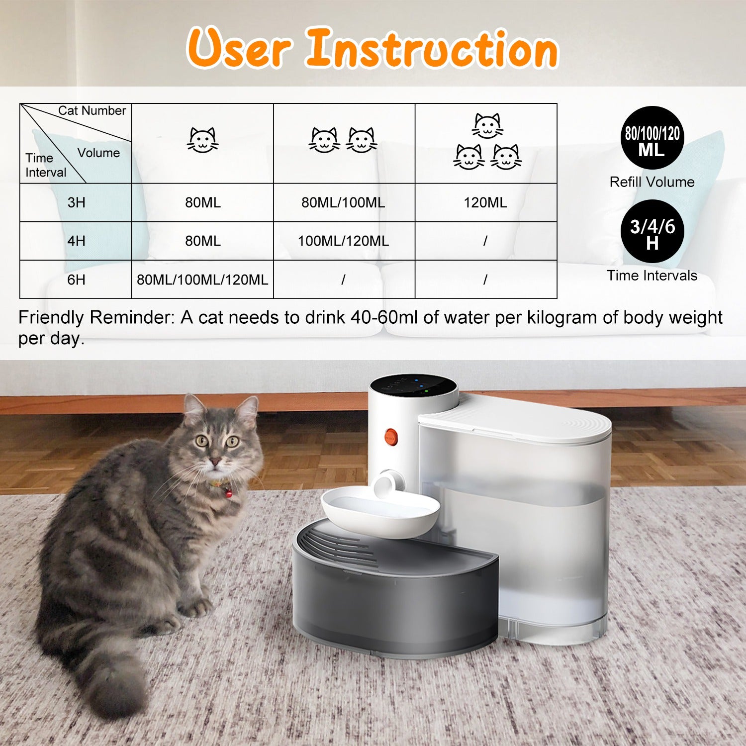 FurWell automatic cordless cat water fountain, white 3L self-refilling