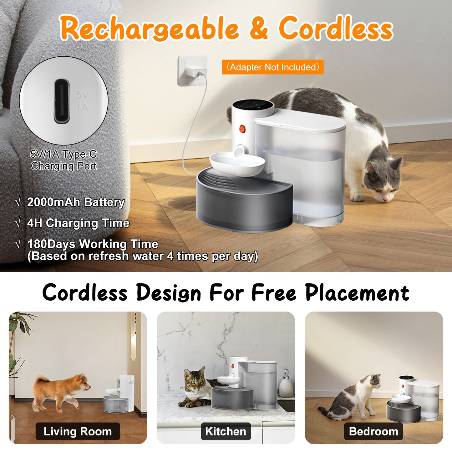 FurWell automatic cordless cat water fountain, white 3L self-refilling