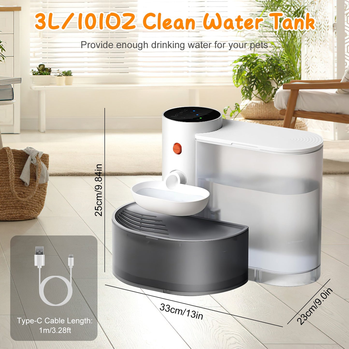 FurWell automatic cordless cat water fountain, white 3L self-refilling