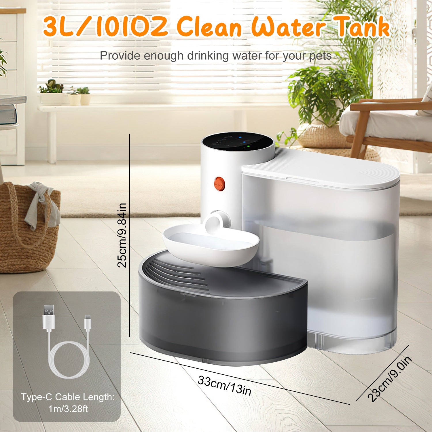 FurWell automatic cordless cat water fountain, white 3L self-refilling