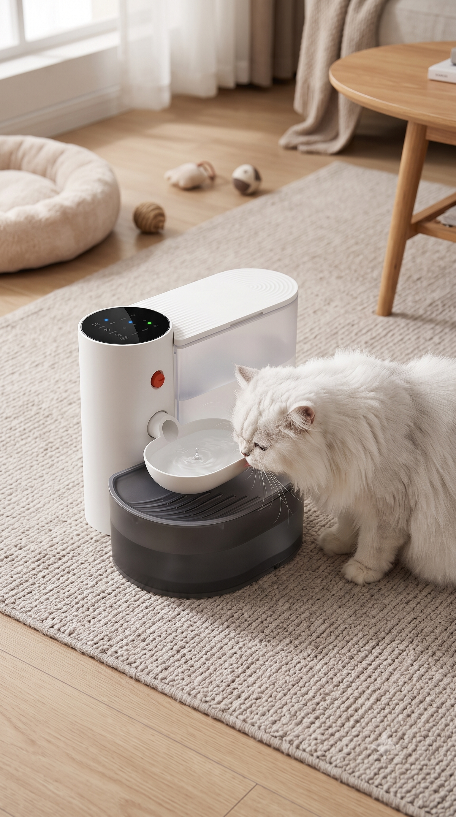 White cat drinking from FurWell automatic cordless water fountain in a cozy living room