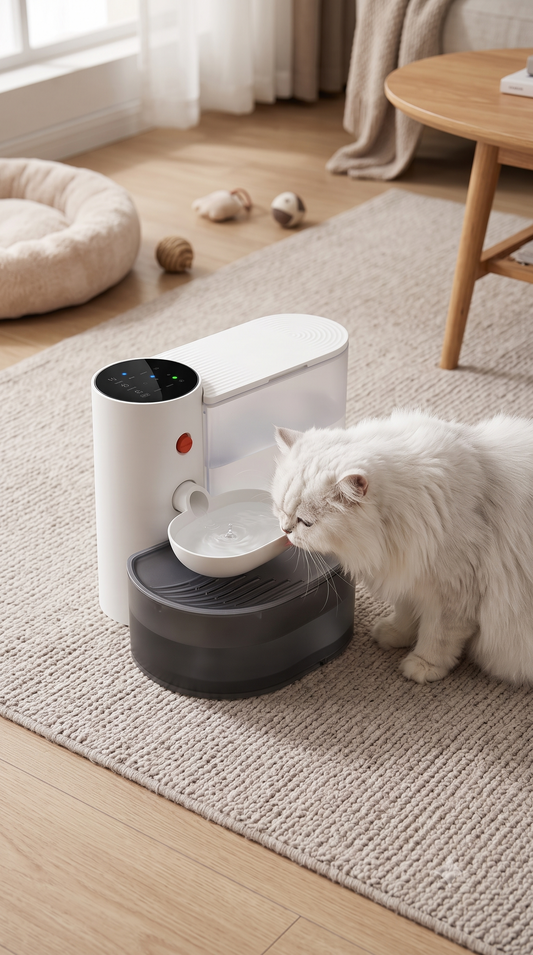 White cat drinking from FurWell automatic cordless water fountain in a cozy living room
