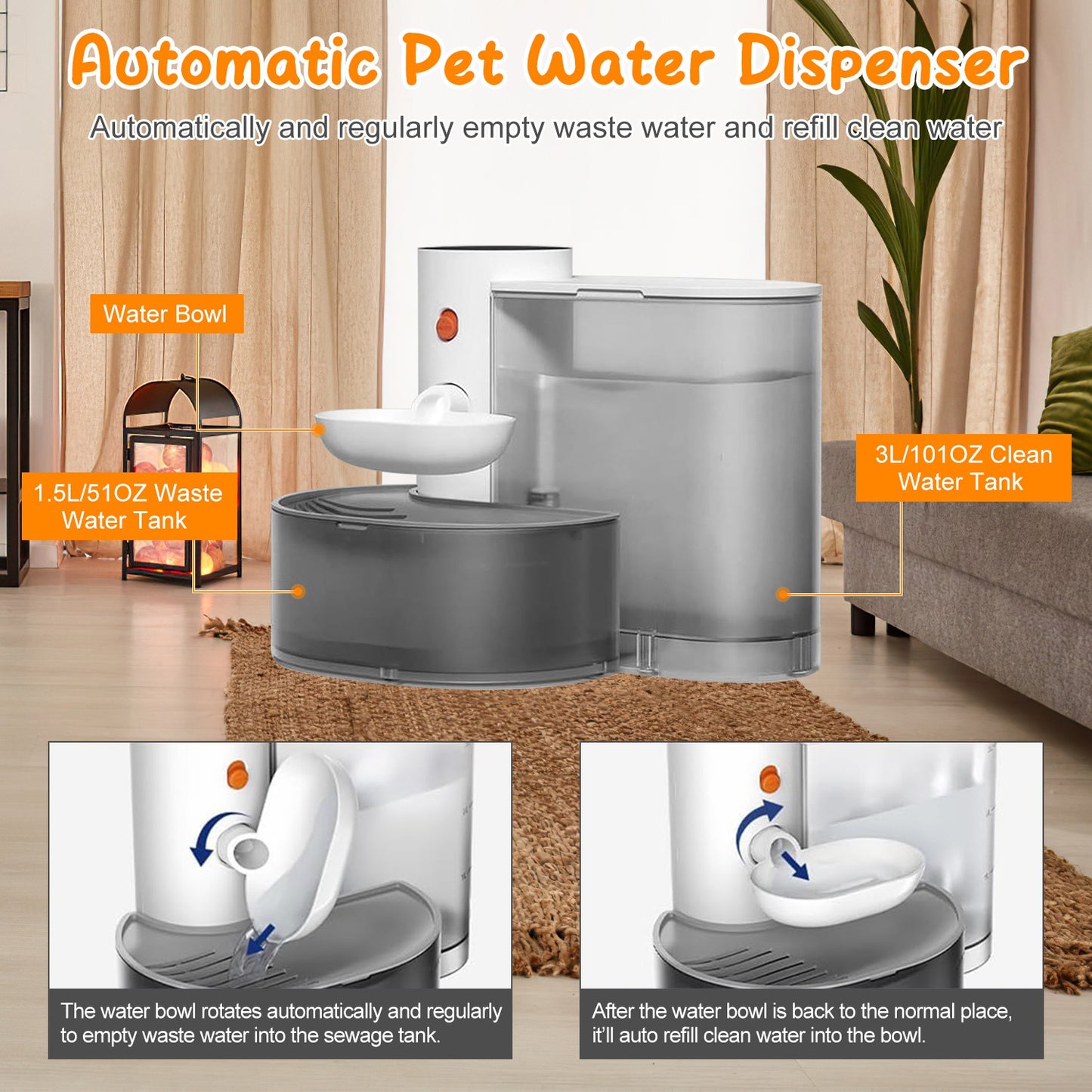 FurWell automatic cordless cat water fountain, white 3L self-refilling